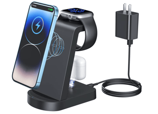 This is an image of a 3 in 1 charing dock for the Apple Iphone, Airpods, and Apple Watch