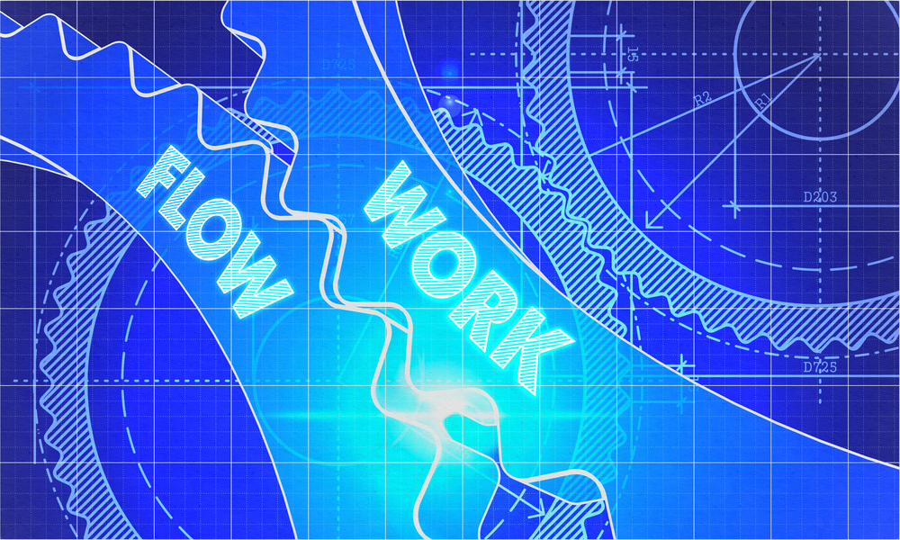 Work Flow Concept. Blueprint Background with Gears. Industrial Design. 3d illustration, Lens Flare.